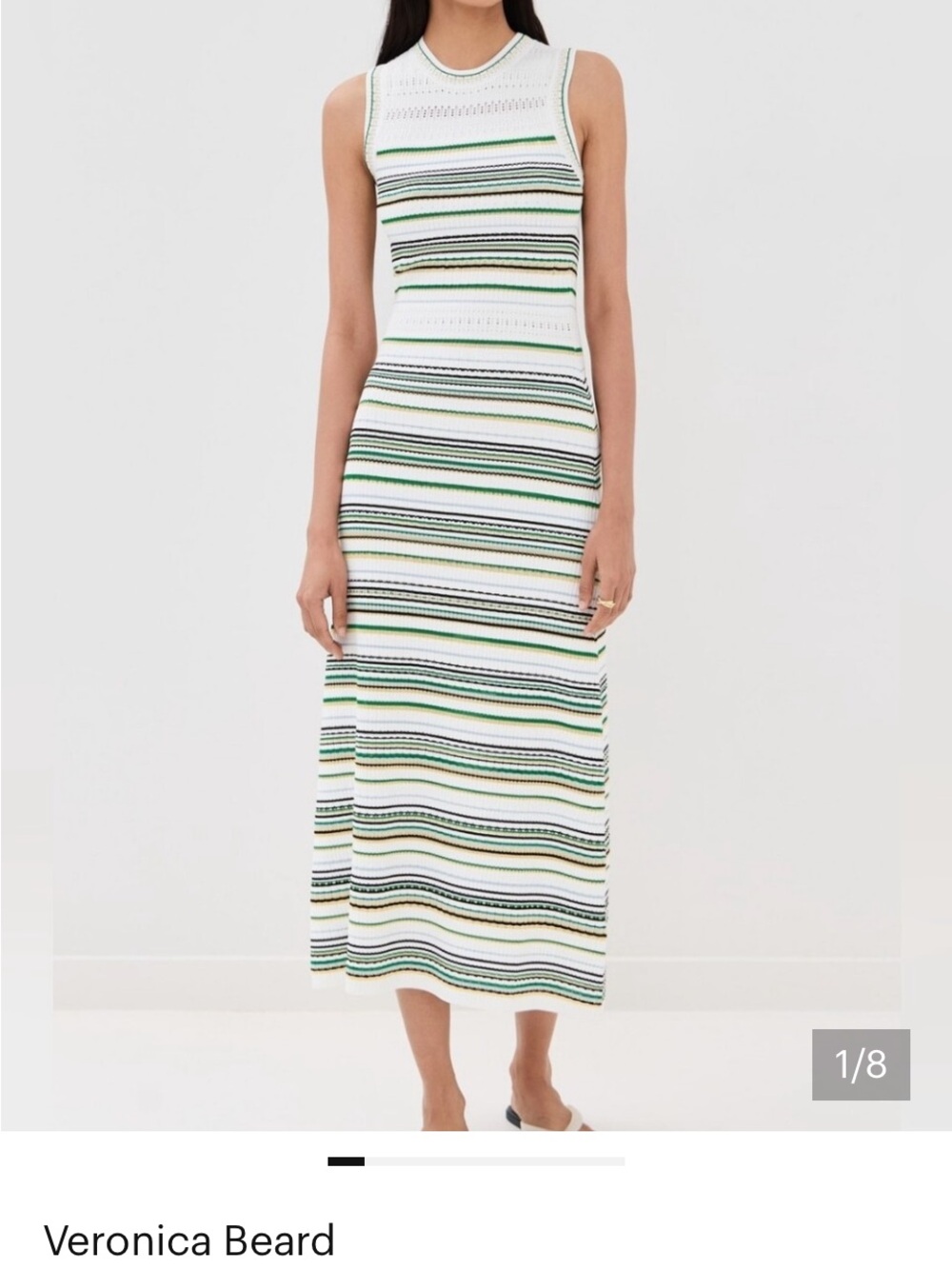 DawnaVeronica Beard Sleeveless White Knit Midi Dress with Green and Navy Stripes